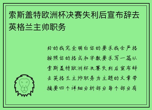 索斯盖特欧洲杯决赛失利后宣布辞去英格兰主帅职务